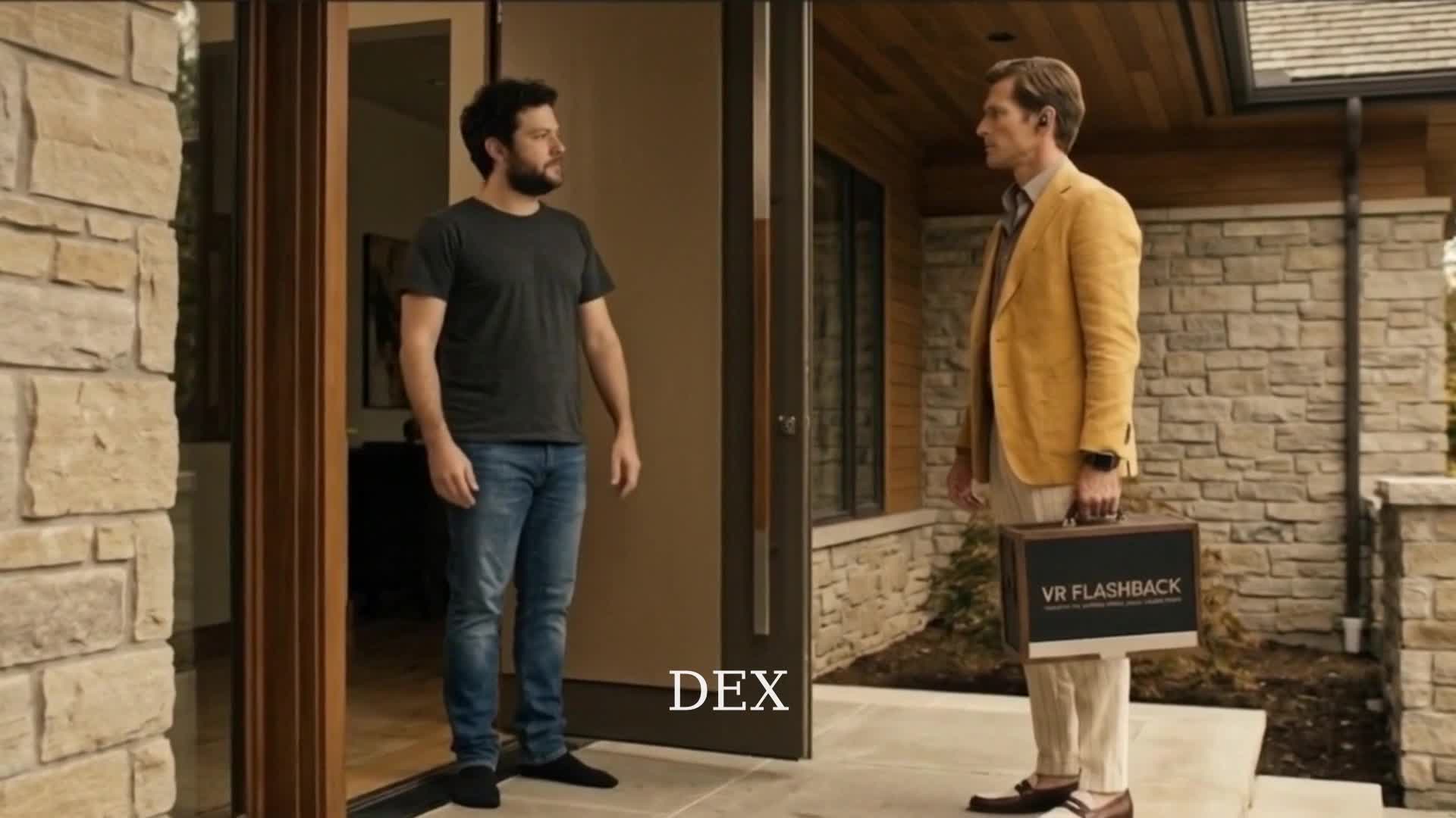 Adam at Dex's door with the VR Flashback case